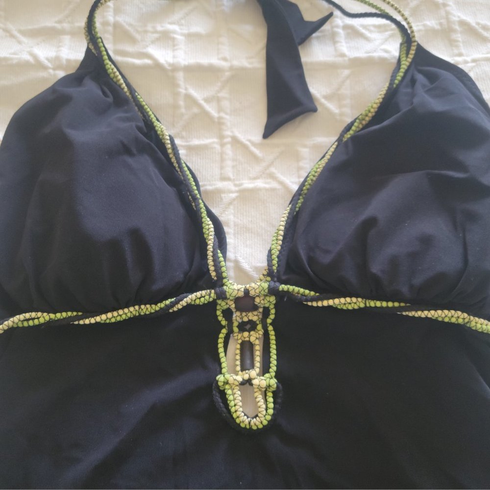 SHAN Black One-Piece Swimsuit with Green Accents Size 14 - Picture 2 of 12